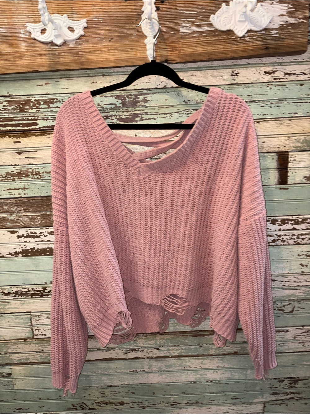 Hazel Moon Women's Pink Distressed V-Neck Waffle Knit Sweater